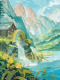 夏季山川河流手绘风景插画