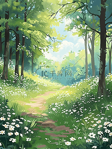 夏季丛林小路野花手绘插画