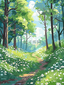 夏季丛林小路插画野花手绘