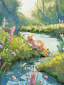 卡通小猫插画图片_河边小草花朵树木小猫夏季手绘海报插画图片