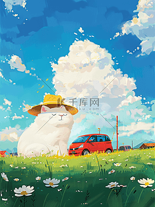 小车插画图片_插画夏天山坡花草唯美手绘