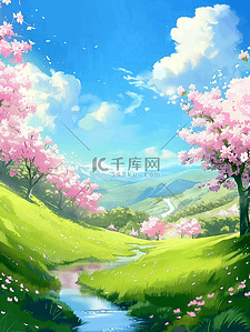 手绘夏季樱花草地小溪插画海报