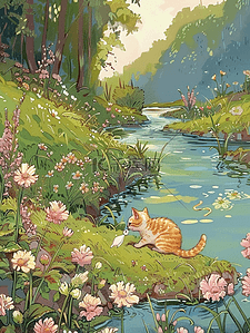 卡通小猫插画图片_夏季河边小草花朵树木小猫手绘海报插画