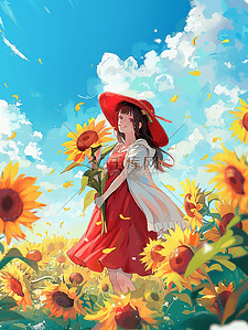 夏季女孩向日葵唯美手绘插画海报