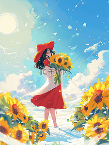 夏季女孩唯美手绘插画海报向日葵