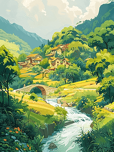 手绘河流插画图片_夏季风景山坡房屋手绘河流插画