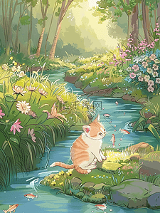 卡通小猫插画图片_夏季河边花朵树木小草小猫手绘海报素材