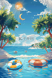 游泳大海插画图片_海边夏季游泳手绘插画海报