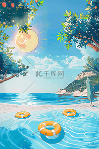 游泳大海插画图片_夏季手绘海边游泳插画海报