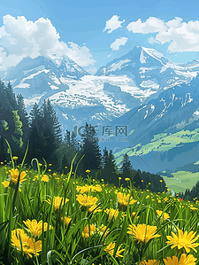 夏季风景海报山坡盛开花朵油画插画设计