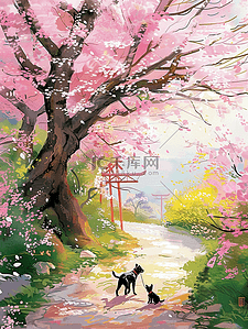 唯美风景樱花树夏天手绘插画海报