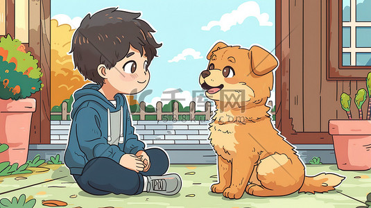 动物小狗插画图片_可爱的孩子和小狗插画海报
