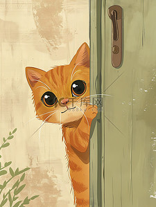 橙色几何展板插画图片_躺在门后可爱橙色的猫矢量插画