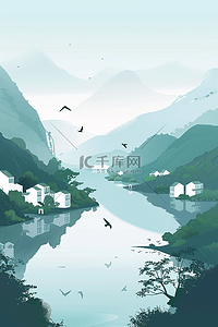 清新黑色海报插画图片_水墨风山水插画手绘海报