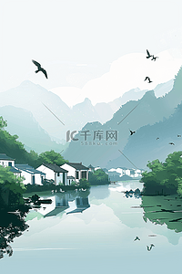 白色海报白色海报插画图片_山水手绘水墨风插画海报