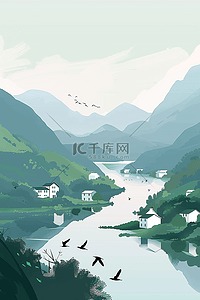 清新黑色海报插画图片_插画水墨风海报山水手绘