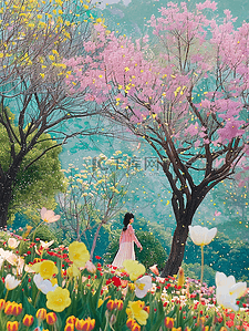 风景女孩樱花树夏季手绘海报矢量插画