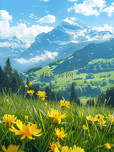 风景山坡盛开夏季花朵油画海报插画素材