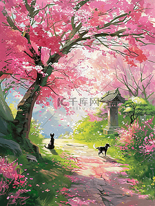 唯美风景樱花树手绘插画夏天海报