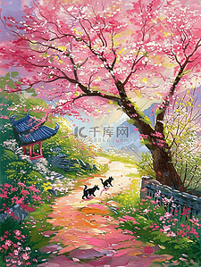 粉色的鲜艳花朵插画图片_夏天唯美樱花树风景手绘插画海报