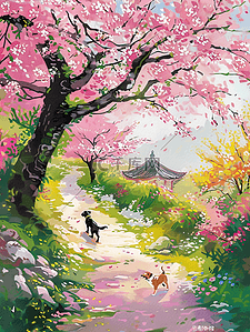 粉色的鲜艳花朵插画图片_插画夏天唯美风景樱花树手绘海报