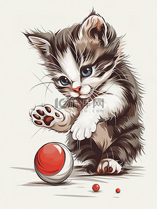 一个可爱的小猫插画图片_一个玩球的可爱的小猫素材