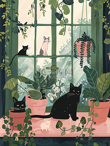 绿植插画图片_花盆绿植的猫宠物猫插画图片