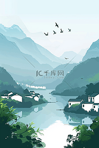 清新黑色海报插画图片_手绘水墨风山水插画海报