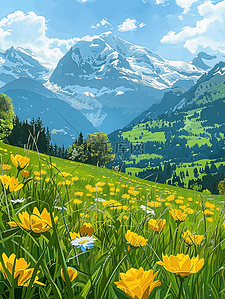 风景山坡盛开花朵油画夏季海报插画