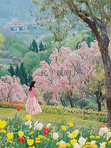 夏季手绘海报风景女孩樱花树矢量插画