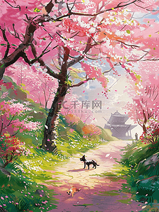 夏天手绘唯美风景樱花树插画海报