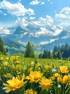 手绘盛开花朵插画图片_夏季风景山坡盛开花朵海报图片