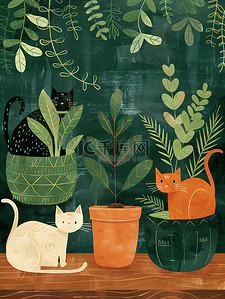 舞台绿植背景插画图片_花盆绿植的猫宠物猫素材