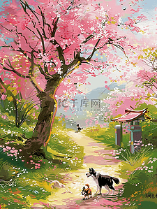 唯美风景夏天樱花树手绘插画海报