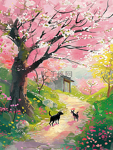 唯美夏天风景樱花树手绘插画海报