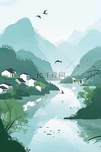 浅蓝色背景插画图片_水墨风手绘插画山水海报