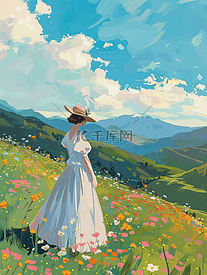 夏季女孩风景山坡手绘海报插画