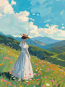 女孩草插画图片_夏季女孩风景山坡手绘海报插画