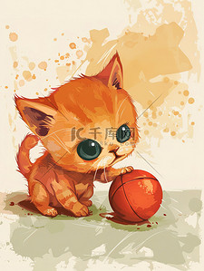 一个可爱的小猫插画图片_一个玩球的可爱的小猫插图