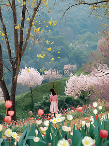 樱花树手绘插画图片_风景夏季女孩樱花树手绘海报插画设计