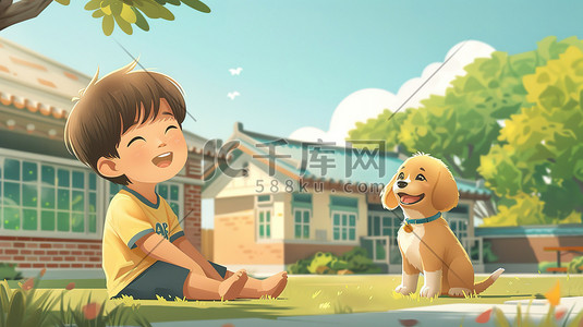 动物小狗插画图片_可爱的孩子和小狗插画图片