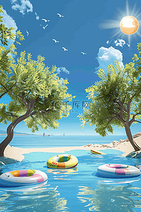 手绘夏季海边游泳插画海报