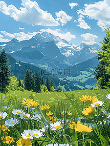 手绘盛开花朵插画图片_夏季油画海报风景山坡盛开花朵插画素材