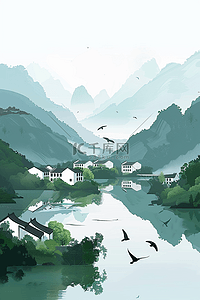 清新黑色海报插画图片_海报水墨风山水手绘插画