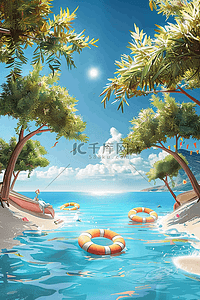 海边游泳手绘插画夏季海报