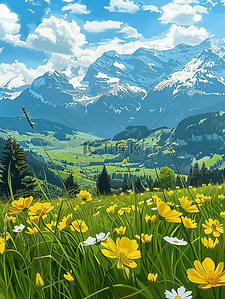 海报夏季风景山坡盛开花朵油画插画图片
