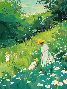 夏天插画女孩采花绿色草地手绘海报