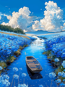 唯美风景蓝色花海夏天手绘海报图片