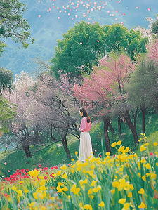 风景女孩夏季樱花树手绘海报图片