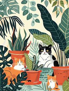 简约清新绿植清新插画图片_花盆绿植的猫宠物猫插图